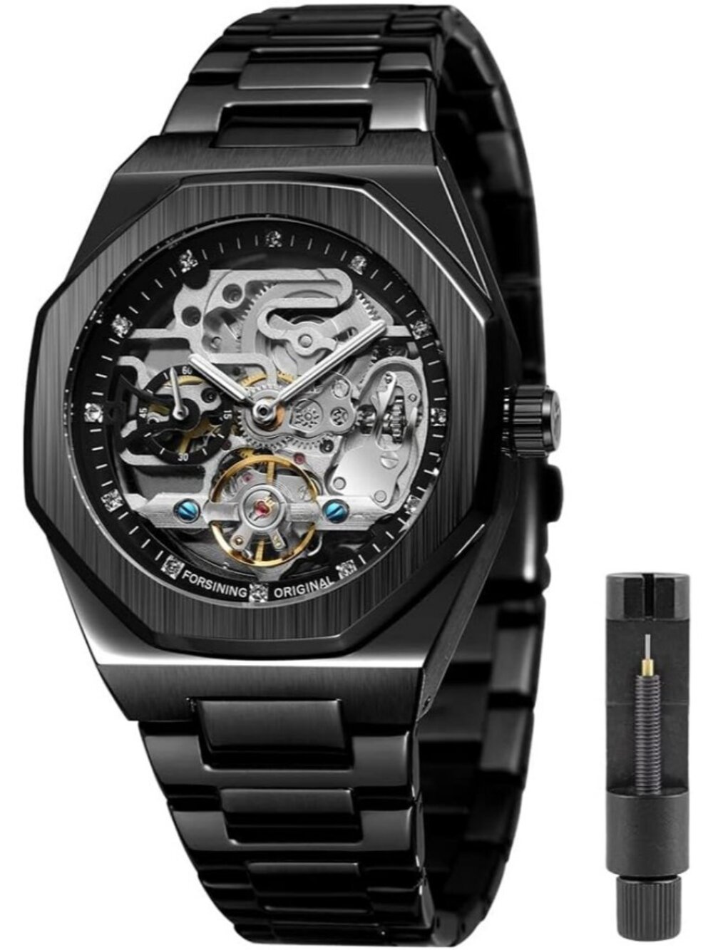 Men's Black Mechanical Automatic Male Clock Stainless Steel Skeleton Wrist Watch